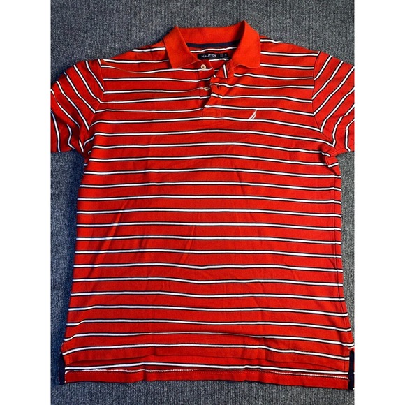 Nautica Polo Shirt Mens Medium Red Striped High Low Slit Pony Logo Collared‎ - Picture 1 of 6